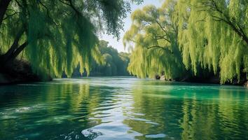 River Flowing Under Green Trees Creating a Serene and Peaceful Landscape photo