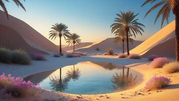 Oasis in Desert Landscape with Palm Trees and Water Reflection photo