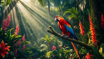 Colorful Parrot Perched on Branch in Lush Tropical Rainforest Setting photo