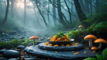 Bowl of Food with Mushrooms in Mystical Forest Setting photo