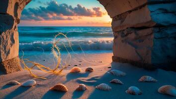 Seascape View Through Stone Arch with Seashells and Sunset Glow photo