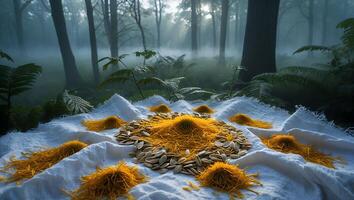 Arrangement of Spaghetti and Seeds on Cloth in a Forest Setting photo