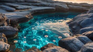 Tranquil Coastal Tide Pool with Glowing Water and Rock Formations photo