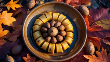 Autumn Harvest Still Life Plate of Cut Fruit and Nuts Arrangement photo