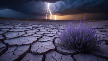 Lightning Strikes Over Arid Landscape with Lavender Plant in Foreground photo