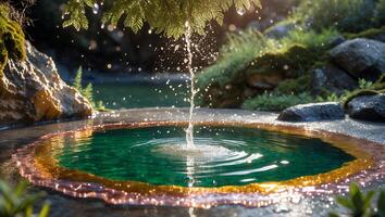Water Dripping Into Emerald Pond Creating Ripples in Natural Setting photo