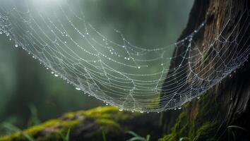 Spiderweb Covered in Dew Drops Hanging From Tree Branch Closeup photo