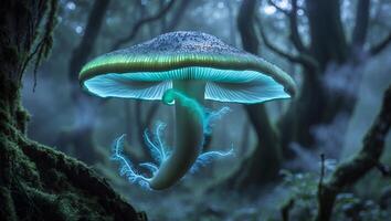 Glowing Mushroom in Enchanted Forest with Ethereal Light and Mist photo