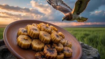 Grilled Pineapple Slices on Clay Plate with Flying Hawk at Sunset photo