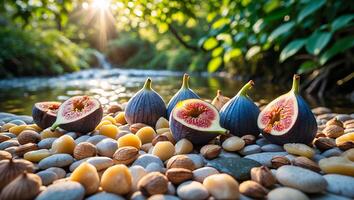 Figs and Nuts Arrangement on Pebbles by Creek in Nature photo