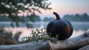 Dark Pumpkin Displayed on Log with Purple Flowers Near Calm Lake photo