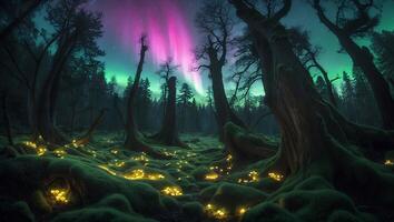 Enchanted Forest with Glowing Mushrooms and Aurora Borealis in the Sky photo