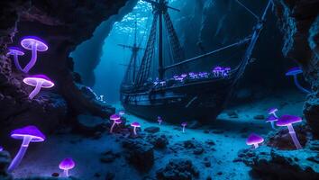 Underwater Shipwreck Surrounded by Glowing Mushrooms in Cave Scene photo