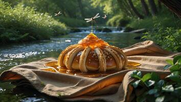 Honey-drenched Bread by Stream with Dragonflies Natural Sweet Dessert photo