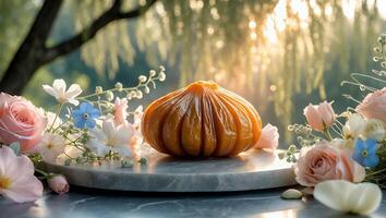Gourd on Marble Slab with Pastel Flowers in Soft Sunlight photo
