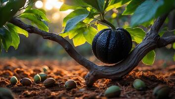 Black Round Vegetable Growing on Branch with Nuts on Ground photo