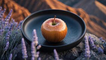Fresh Apple Resting in Bowl with Lavender and Mountain Backdrop photo