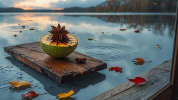 Apple and Star Anise Floating on a Lake at Sunset photo