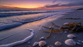 Seashells and Seaweed on Sandy Beach at Sunset with Gentle Waves photo