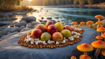 Apples Cashews and Mushrooms on Rock at Riverbank at Sunset photo