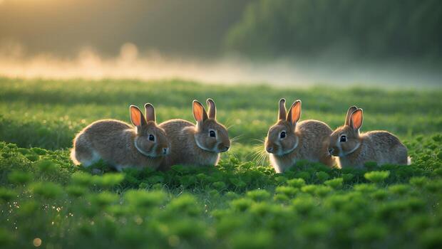 Rabbits in Green Meadow at Dawn Gathering in Peaceful Setting photo
