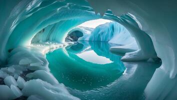 Exploring a Turquoise Ice Cave with Water Reflections and Ice Formations photo