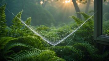 Spiderweb Glistening with Dew in Lush Ferns During Misty Sunrise photo