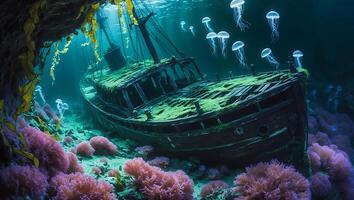 Exploring Underwater Shipwreck with Jellyfish and Coral Reef Habitat photo