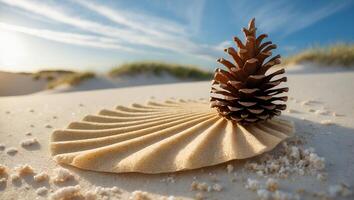 Pine Cone Standing on Sand Shell at Sunny Beach Landscape photo