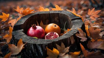 Fruits Nestled in a Tree Stump Surrounded by Autumn Leaves photo