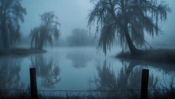 Foggy Lake Scene with Trees and Reflections Creates Atmospheric Landscape photo