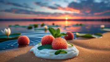 Tropical Fruit with Cream and Mint at Beautiful Lakeside Sunset photo