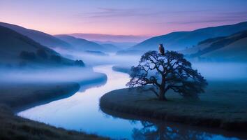 Owl Sitting on Tree Overlooking River in Misty Valley Landscape photo