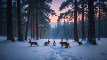 Rabbits in Winter Forest with Snow and Tracks During Sunset photo