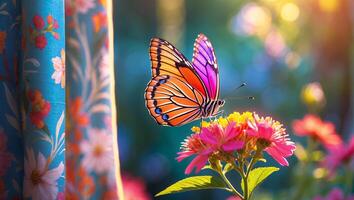 Butterfly Resting on Flower with Vibrant Colors and Floral Background photo