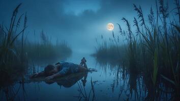 Man Laying in Water Under Moonlight During Foggy Night photo