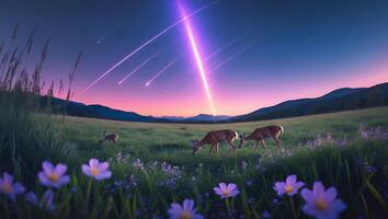 Deer Grazing in Meadow Under Night Sky with Shooting Stars photo