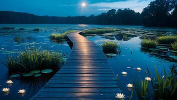 Walkway Over Lake with Lily Pads at Dusk Serene Nature Scene photo
