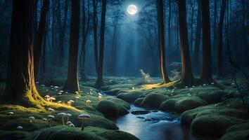 Enchanted Forest Stream with Mushrooms Under Moonlight in a Tranquil Setting photo