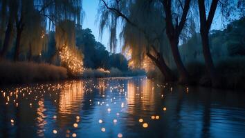 Glowing Lights Floating on River at Night with Willow Trees photo