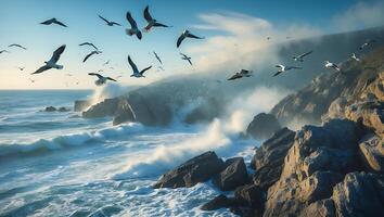 Seagulls Flying Over Rocky Coastline with Waves Crashing and Mist photo