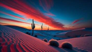 Desert Landscape with Cactus Silhouettes and Colorful Sunset Sky photo