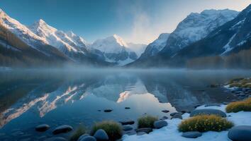 Lake Reflecting Snow Covered Mountains at Dawn with Mist Rising photo