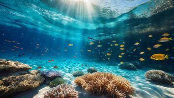 Exploring Underwater Coral Reef with Colorful Fish and Sunlight Rays photo