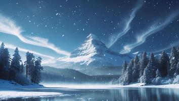 Snow Falling Over Mountain Lake Scene with Pine Trees in Winter photo