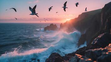 Ocean Waves Crashing on Rocky Coastline at Sunset with Birds Flying photo