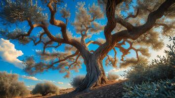 Majestic Tree Spreading Branches Under Blue Sky with White Clouds photo