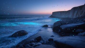 Glowing Ocean Shore at Dusk with Waves and Rocky Coastline photo