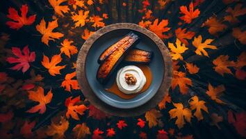 Grilled Plantain Dessert with Cream on Autumn Leaves Background photo
