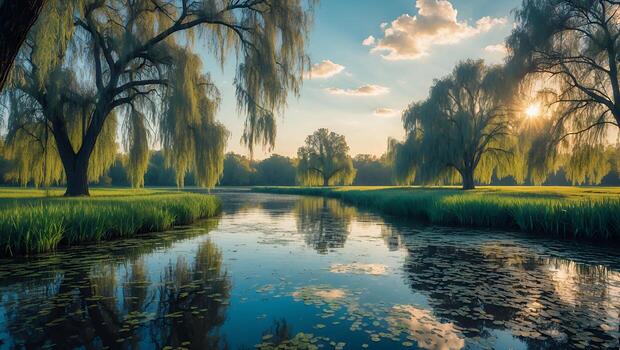 Calm River Flowing Through Meadow with Willow Trees at Sunset photo